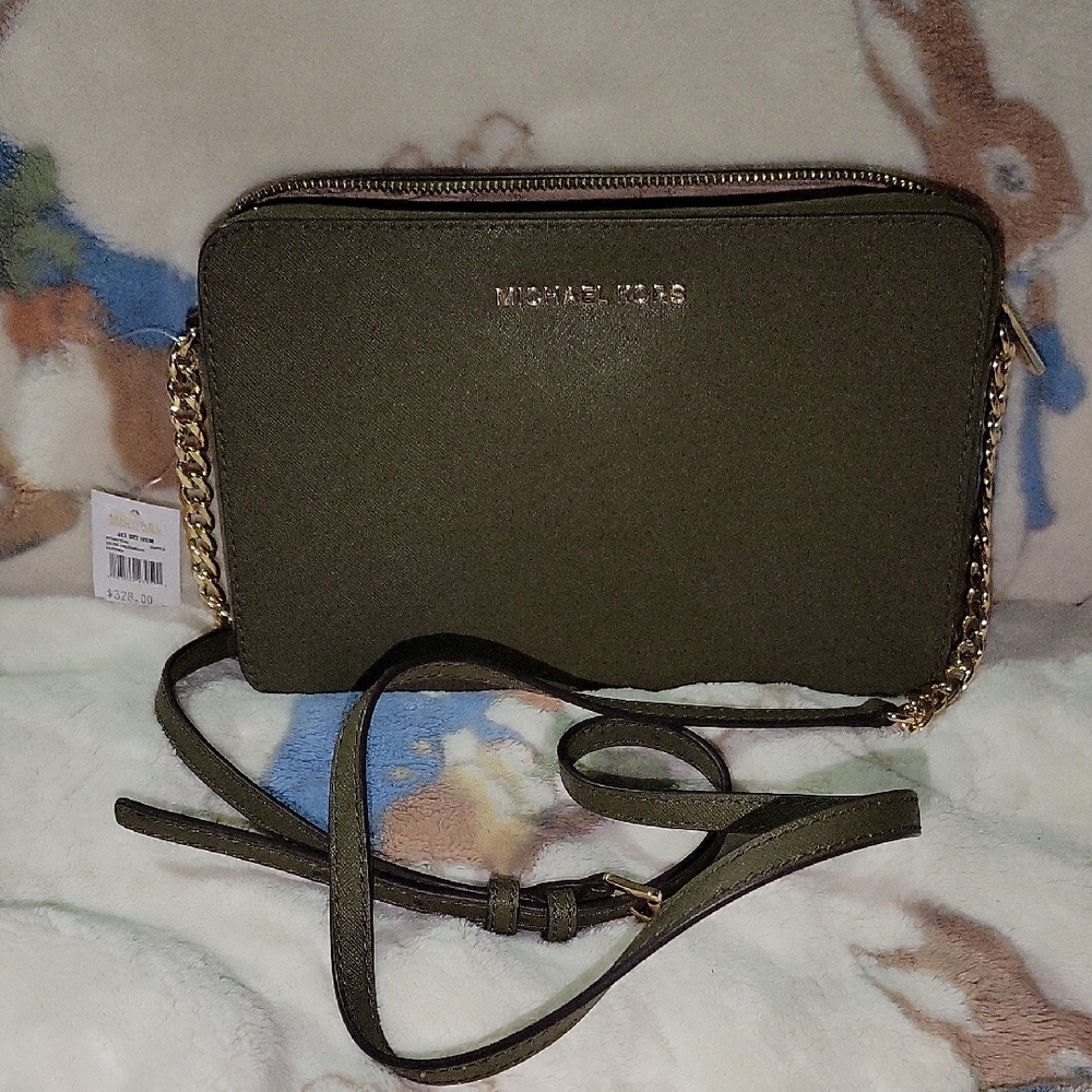 Michael Kors Dark Green Crossbody Bag with Gold Chain